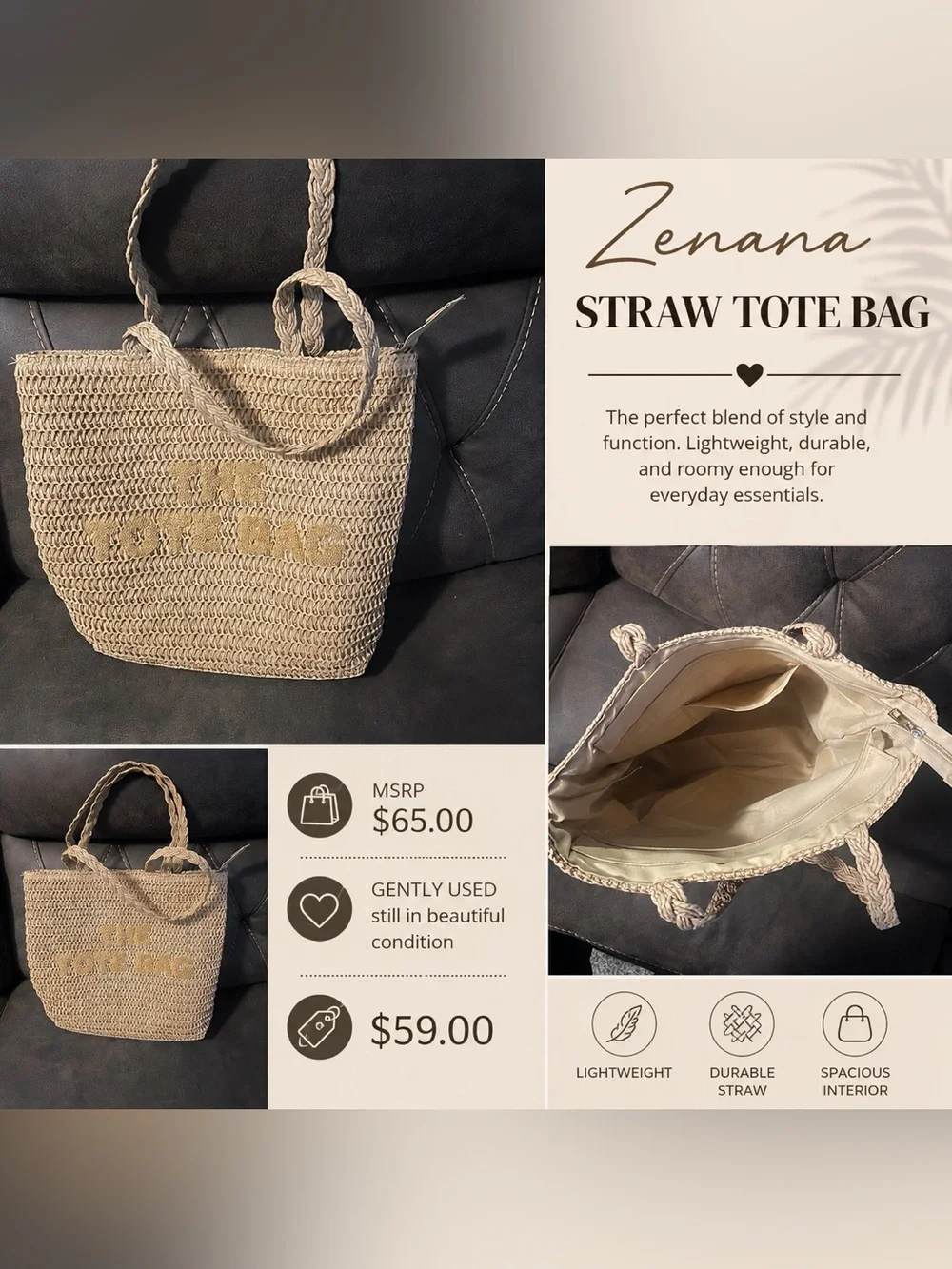 Zenana Outfitters Natural Beige Straw Tote with Braided Handles